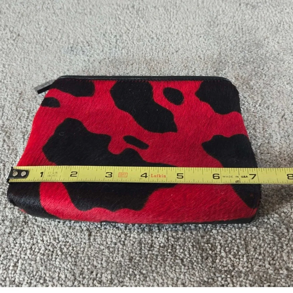 SB Pouch Red Black Cow Print Calf Hair Leather Cosmetic Bag Womens Small Size